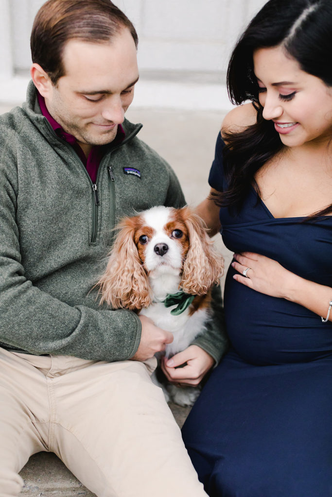 Expecting mother and father with their dog