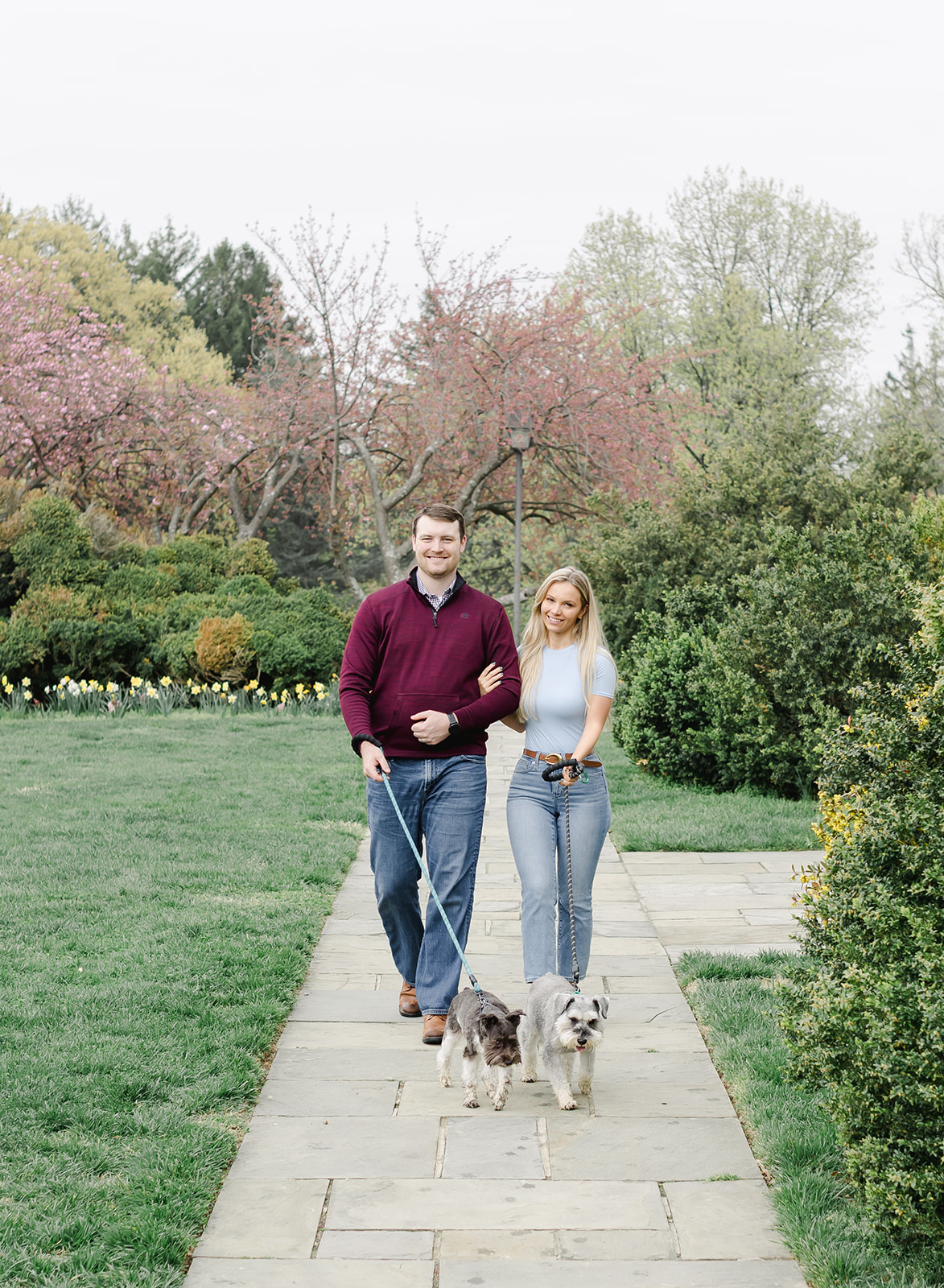 family with their two dogs walking in a garden