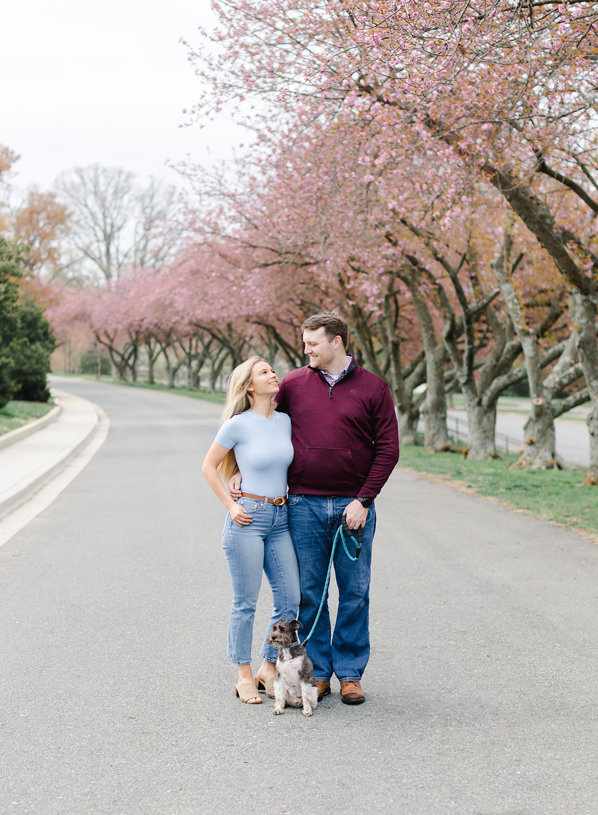 family with their two dogs walking in a garden