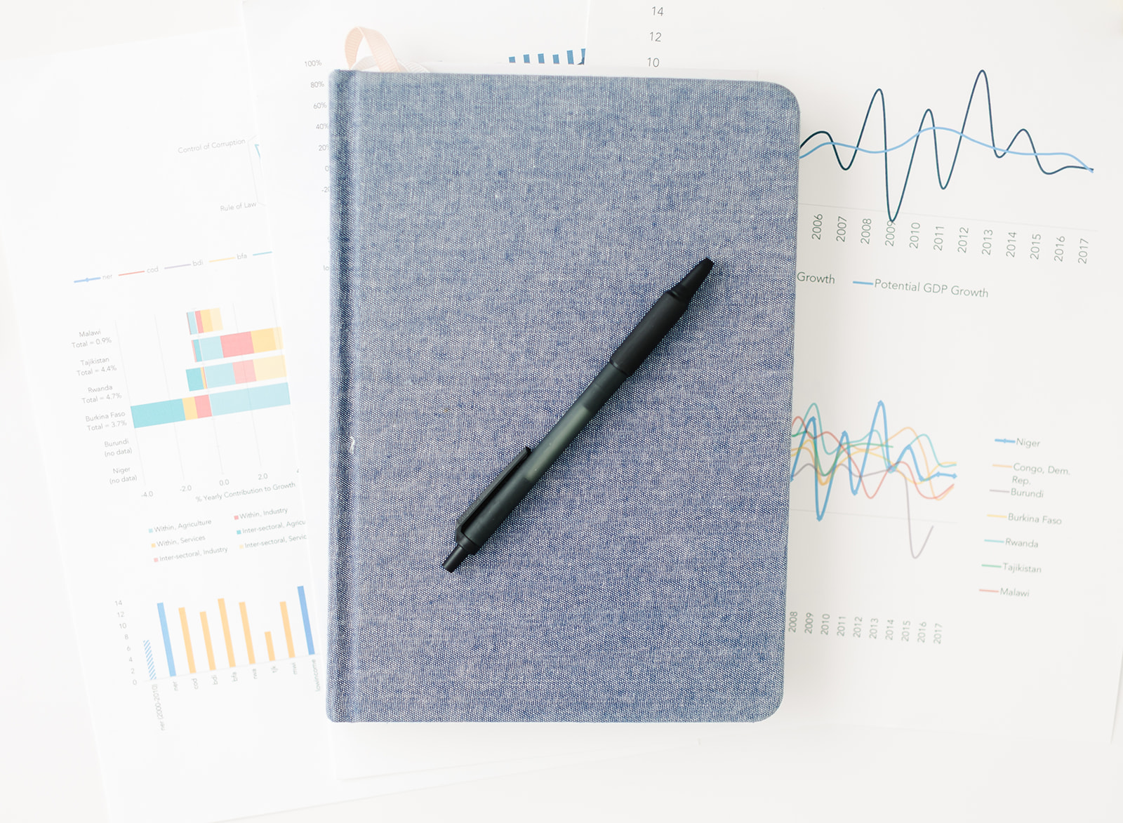 notebook on top of some papers with graphs on them